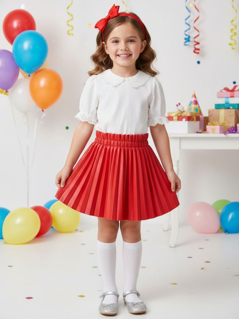 WELAKEN Pu Leather Skirts for Girls Kids & Teen & Toddler & Women Faux Leather Pleated Skirts,Red,6-7 Years - Image 2